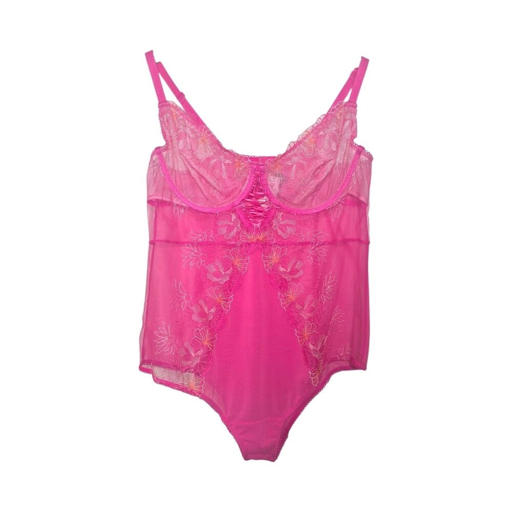 Torrid Bright Hot Pink Sheer Lace Bodysuit Embroidered Plus Size 1X NWT $69.50